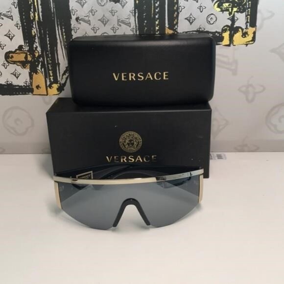 New Versace™ VE2197 Shield Sunglasses – Gold Frame / Grey Mirror Lenses - Picture 4 of 13